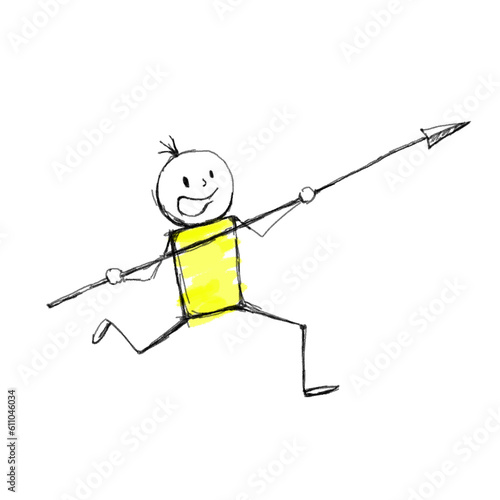 A man with a spear is going to jump high. Stick figure illustration.