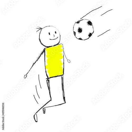 Stick figure soccer player catches a ball with his chest. Hand drawn illustration.