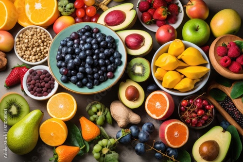 breakfast spread of immune-boosting fruits and vegetables, created with generative ai