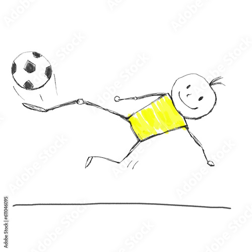 A stick figure soccer man hits the ball. Hand-drawn illustration.