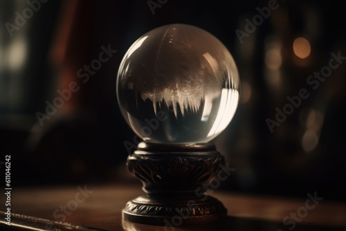 close-up of the crystal ball with mysterious and magical light shining through, created with generative ai