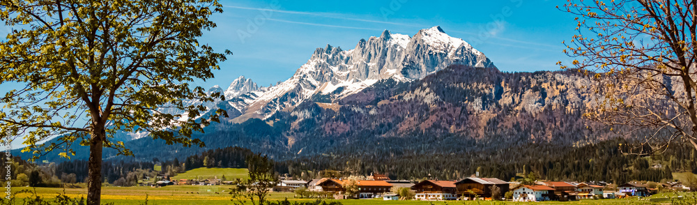 Fototapeta premium Alpine summer view with Mount Wilder Kaiser near Saint Johann, Tyrol, Austria