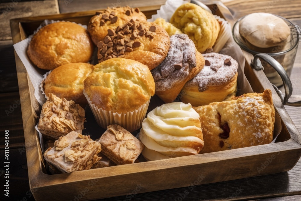 a tray of sweet and savory muffins, scones, and pastries for breakfast or a snack, created with generative ai a tray of sweet and savory muffins, scones, and pastries for breakfast or a snack, created with generative ai