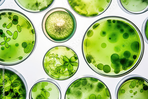 Algae, microalgae in petri dishes research in laboratories. biotechnology, science. Flat lay, top view. Macro. Biofuel research process in laboratory. Generative AI photo