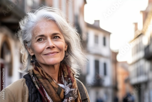Close-up portrait photography of a glad mature girl walking against a picturesque old town background. With generative AI technology