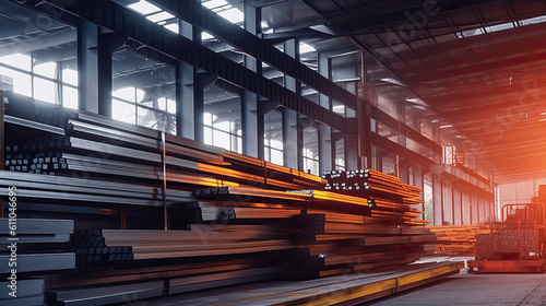 Billede på lærred Steel in industrial warehouse, beam, pipe, steel plate, Generative AI