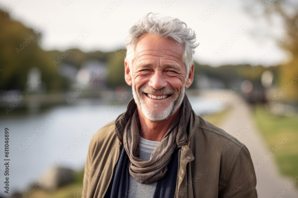 Medium shot portrait photography of a happy mature man smiling against a peaceful riverside walk background. With generative AI technology Medium shot portrait photography of a happy mature man smiling against a peaceful riverside walk background. With generative AI technology
