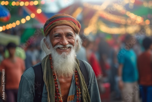Medium shot portrait photography of a satisfied old man smiling against a lively festival ground background. With generative AI technology