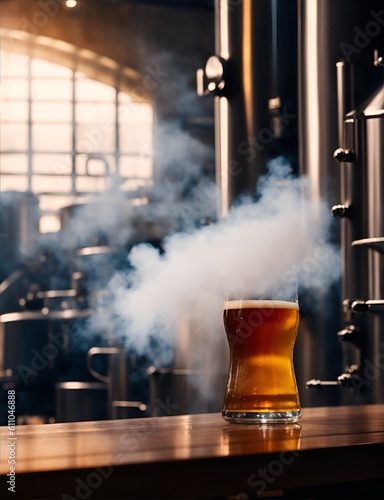 a large glass filled with freshly brewed beer with large brewing equipment in the background. Beer at the brewery. generative AI