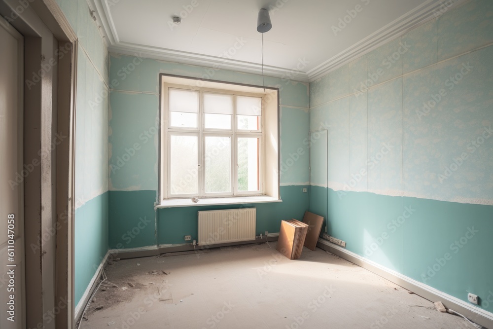 a small room with freshly painted walls, ready to be papered, created with generative ai a small room with freshly painted walls, ready to be papered, created with generative ai
