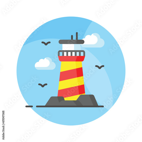A tower containing a beacon light to warn or guide ships at sea, well designed icon of lighthouse