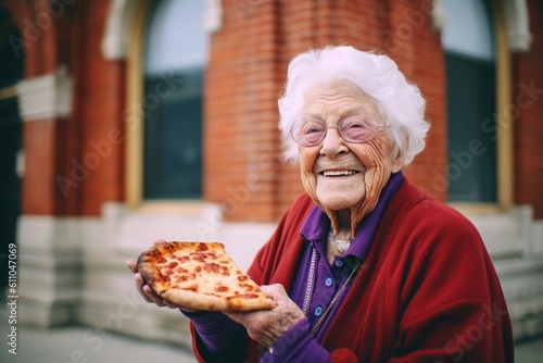 Environmental portrait photography of a glad old woman holding a piece of pizza against a historic museum background. With generative AI technology