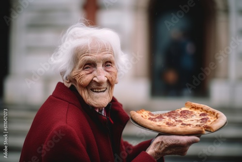 Environmental portrait photography of a glad old woman holding a piece of pizza against a historic museum background. With generative AI technology