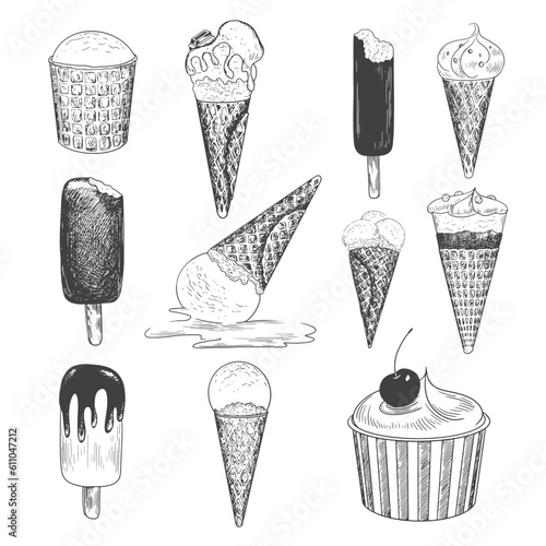 Set of  isolated ice cream sketch. Ice cream in cone waffle and paper bowl. Bitten popsicle. Chocolate glaze sundae. Fallen melted ice cream. Chocolate topping. Frozen dessert with cherry. Gelato