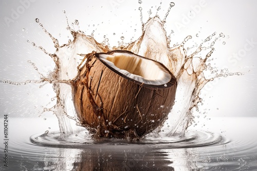 Tasty and delicious coconut splashing water, fresh and healthy fruit for the summer. Generative AI