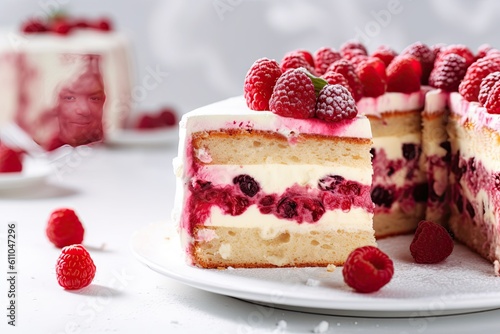 Delicious and beautiful raspberry cake with cream on a light background. Generative AI