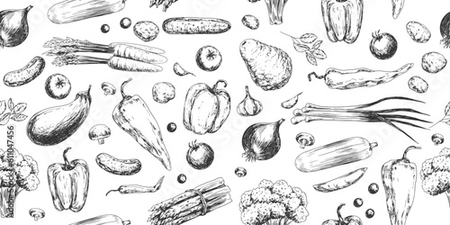 Seamless pattern with vegetables. Black and white background with paprika, broccoli, eggplant, onions, mushroom, asparagus, zucchini, carrot, cucumber, potato, garlic, peas, basil, tomatoes, chilli.