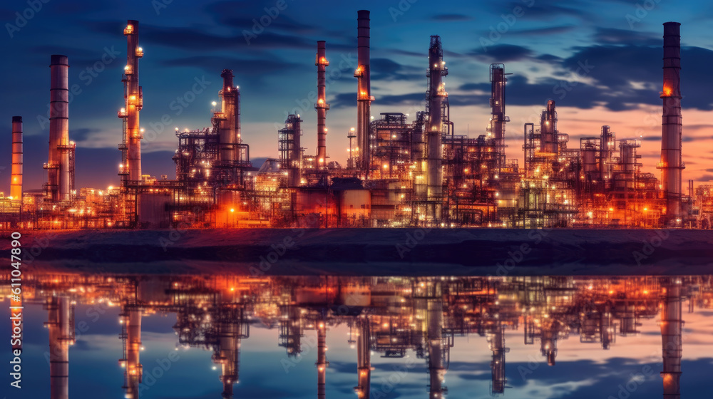 Naklejka premium Industrial view at oil refinery plant form industry zone with cloudy sky, Generative AI