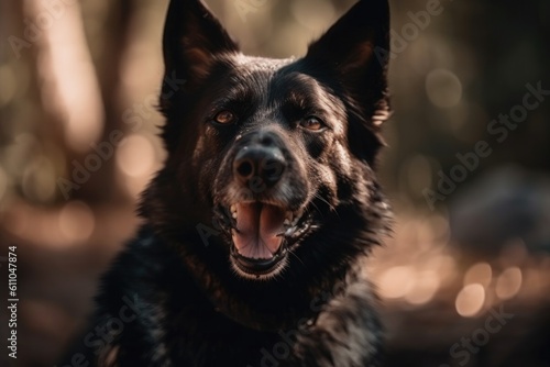 portrait of happy dog with tongue hanging out, eyes shining with happiness, created with generative ai