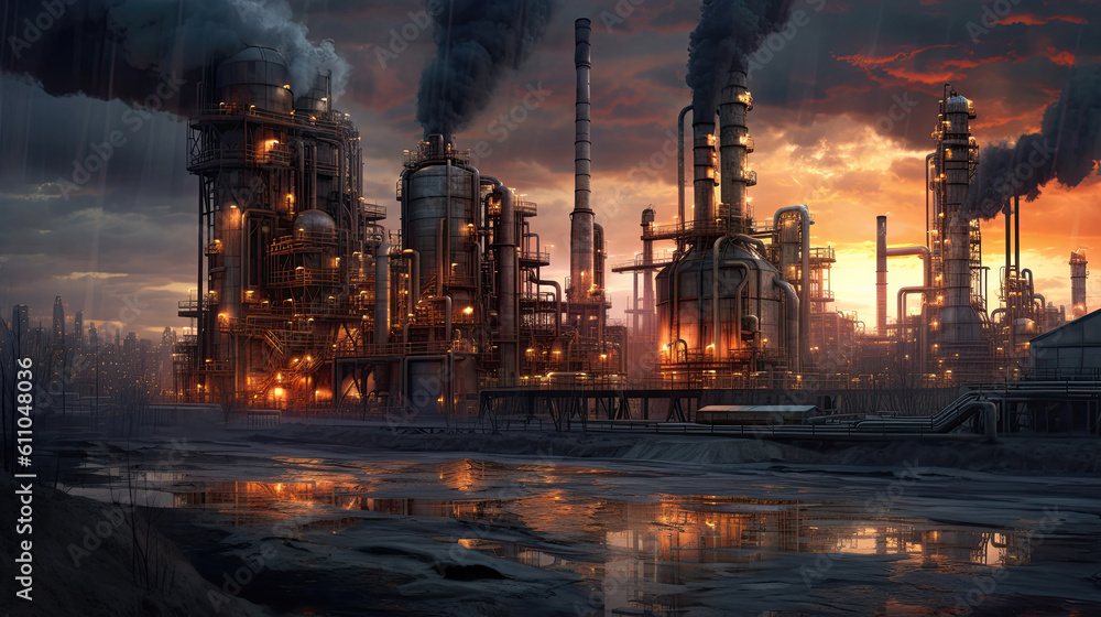 Industrial view at oil refinery plant form industry zone with cloudy sky, Generative AI