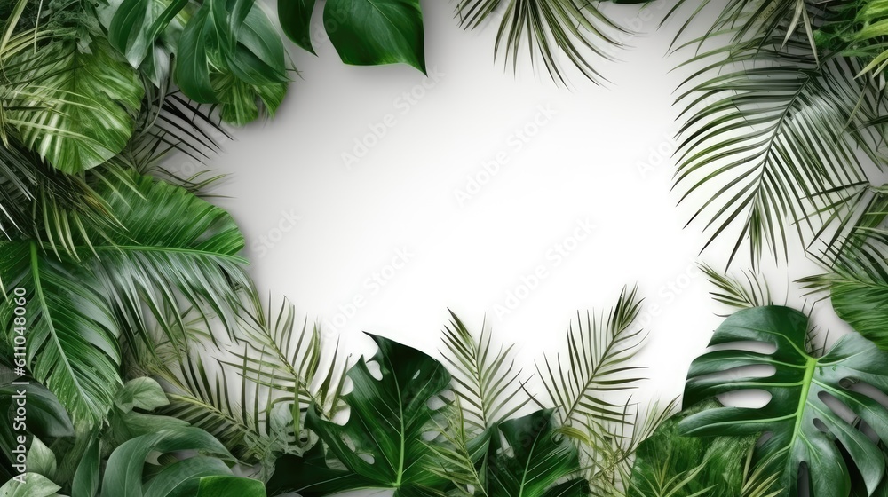 Tropical green leaves for decoration of art frame wallpaper,card on white background.Generative Ai	