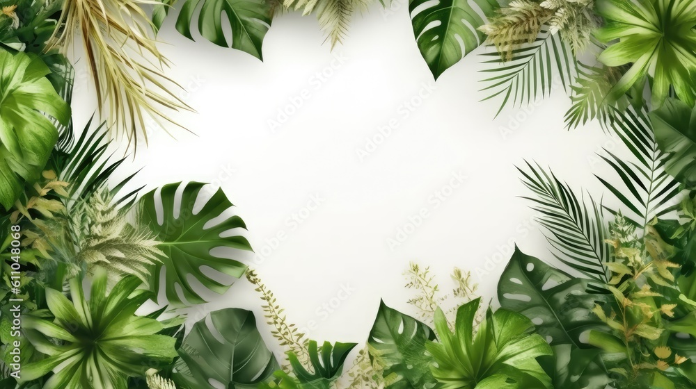 Tropical green leaves for decoration of art frame wallpaper,card on white background.Generative Ai Tropical green leaves for decoration of art frame wallpaper,card on white background.Generative Ai