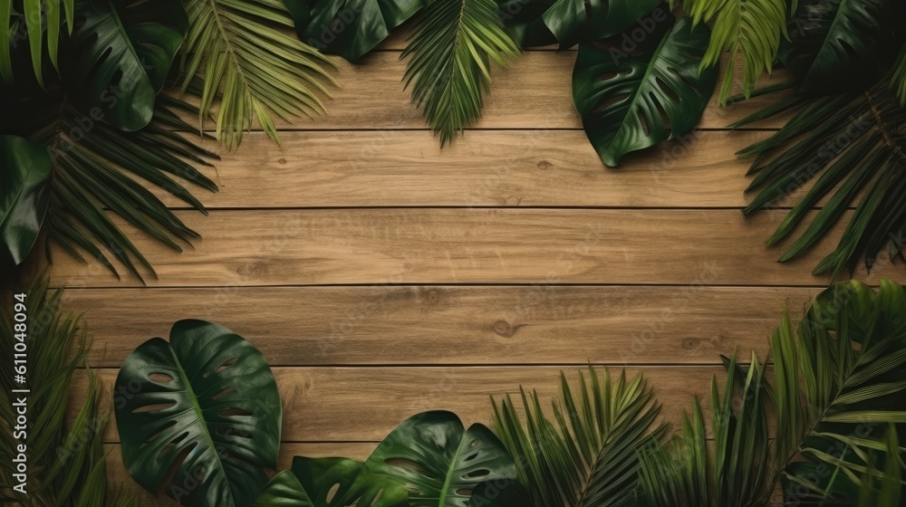 Tropical green leaves for decoration of art frame wallpaper,card on wooden background.Generative Ai Tropical green leaves for decoration of art frame wallpaper,card on wooden background.Generative Ai
