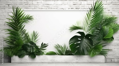 Tropical green leaves for decoration of art frame wallpaper card on white wall background.Generative Ai 