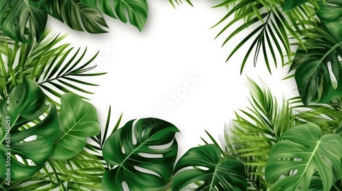 Tropical green leaves for decoration of art frame wallpaper card on white background.Generative Ai 