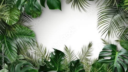 Tropical green leaves for decoration of art frame wallpaper,card on white background.Generative Ai  © Areerat