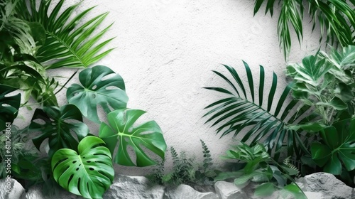 Tropical green leaves for decoration of art frame wallpaper,card on white wall background.Generative Ai 