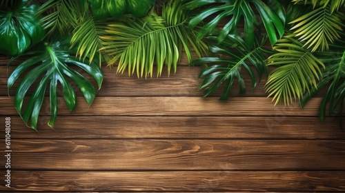Tropical green leaves for decoration of art frame wallpaper card on wooden background.Generative Ai 