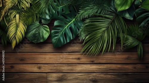 Tropical green leaves for decoration of art frame wallpaper card on wooden background.Generative Ai 