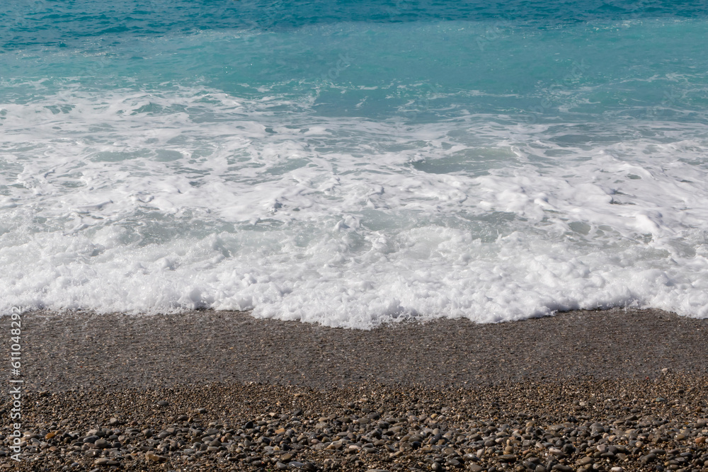view on azure sea and pebblestone beach in Nice view on azure sea and pebblestone beach in Nice