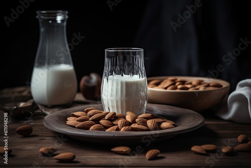 A glass of almond milk on a wooden table with almonds. Generative AI