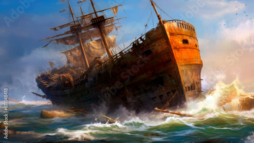 shipwreck, its rusty hull a reminder of the dangers of the sea, Generative AI