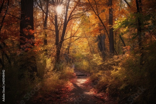 forest trail with colorful leaves and golden sunlight streaming through the trees, created with generative ai