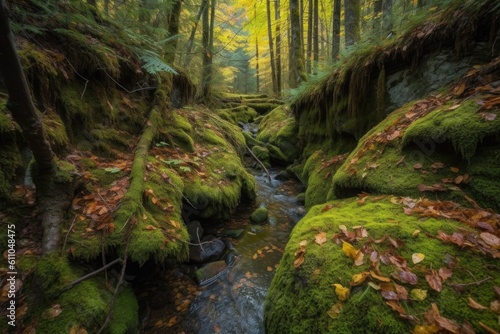 autumn forest hike with stream and moss-covered rocks  created with generative ai