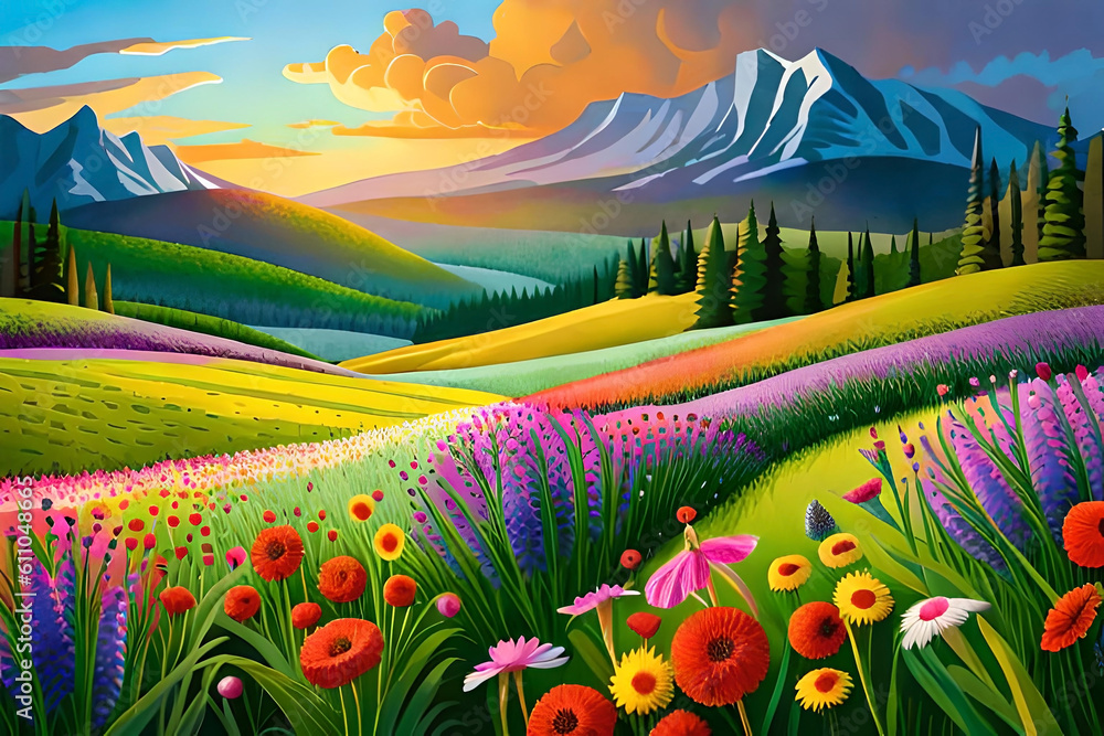 A vibrant flat background depicting a lush green meadow with colorful wildflowers in full bloom