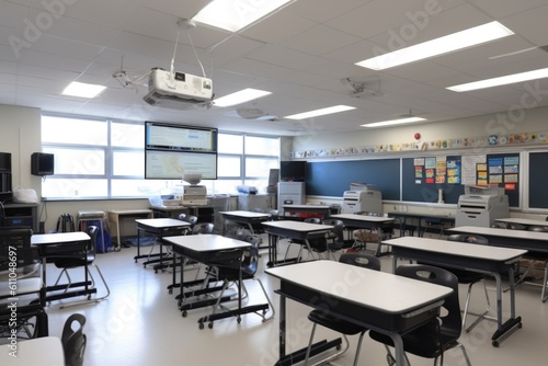 modern classroom full of technology and modern learning tools, including projectors, laptops and whiteboards, created with generative ai