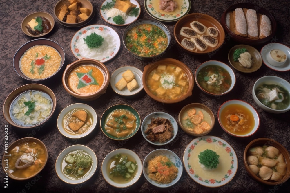 boke of international dishes, each with accompanying description, created with generative ai