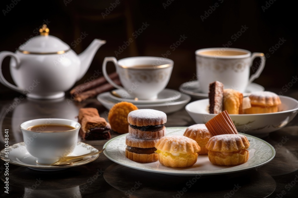 classic french pastries from the finest patisserie, served with steaming cup of coffee, created with generative ai classic french pastries from the finest patisserie, served with steaming cup of coffee, created with generative ai