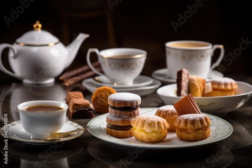 classic french pastries from the finest patisserie, served with steaming cup of coffee, created with generative ai
