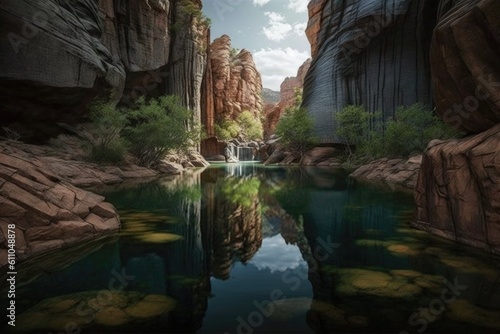 swimming hole, surrounded by towering rock formations and greenery, created with generative ai