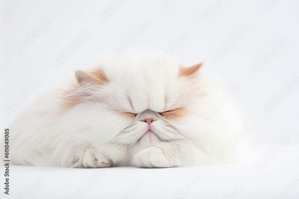 Medium shot portrait photography of a funny persian cat sleeping against a white background. With generative AI technology