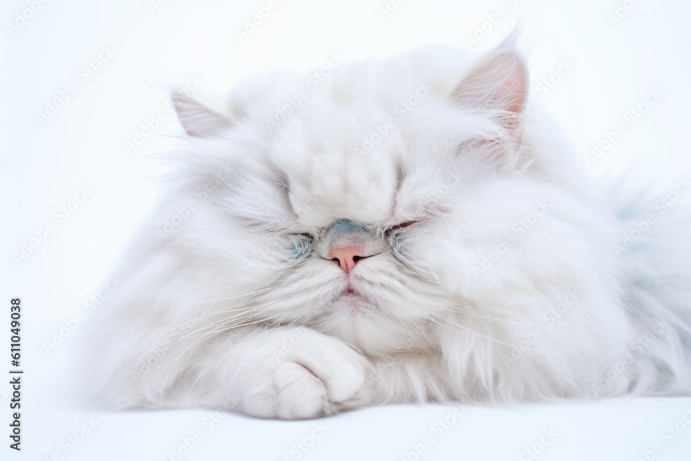 Medium shot portrait photography of a funny persian cat sleeping against a white background. With generative AI technology