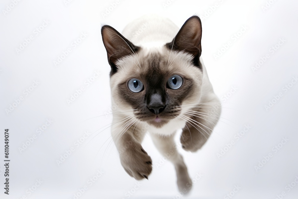Environmental portrait photography of a curious siamese cat pouncing against a white background. With generative AI technology
