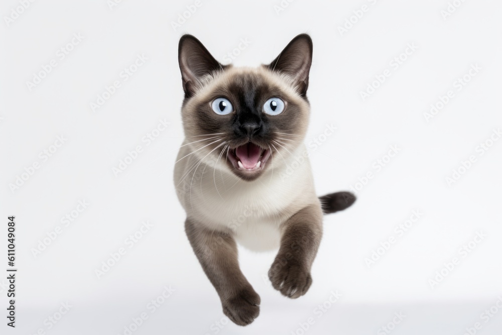 Lifestyle portrait photography of a smiling siamese cat hopping against a white background. With generative AI technology