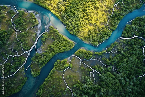 River's journey through the verdant landscape, an aerial shot of a winding river carving through lush dense greenery. photo