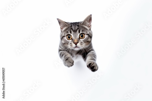 Group portrait photography of a curious american shorthair cat jumping against a white background. With generative AI technology